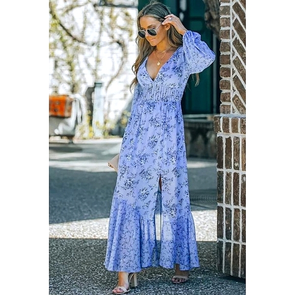 LAST ONE! Plus Size DREW Blue Floral Print Maxi Dress With Bubble Sleeves - Picture 5 of 7